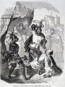 Assassinato do Duque de Borgonha (Jean sans peur) na ponte de Montereau em 1419 - no "Histoire de France" de L.-P. Anquetil de French School