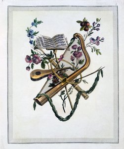 Instrumentos musicais, de um livro de placas gravadas de desenhos Oppenords, publicado 1745rn de French School