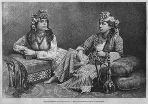 Mulheres muçulmanas de Sidon, da Síria hoje. Viajar para a Fenícia, o Líbano e a Judéia. 1875-1880 de Louis Charles Emile Lortet, 1884 (gravura do bw) de French School