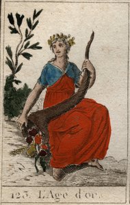 Mito da Idade da Humanidade: representação da Idade de Ouro, como uma jovem virgem de perfeita beleza, coroada com flores e segurando um corno de abundância (a Idade de Ouro representa como uma jovem e bonita mulher, segurando uma cornucópia e coroada com  de French School