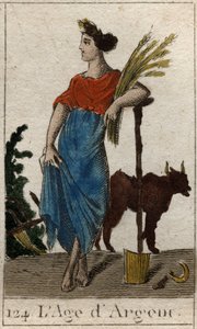 Mito da Idade da Humanidade: representação da Idade da Prata, como uma jovem mulher segurando uma grinalda de trigo perto de um arado e uma serpente. (Idade da Prata retratado como uma mulher jovem, segurando um molho e de pé junto a um arado e a um gancho de French School
