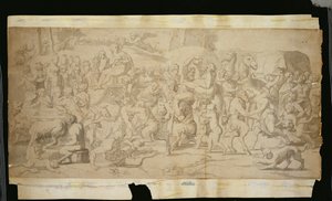 Cena mitológica com sátiros (caneta, tinta e lavagem sobre papel) de French School