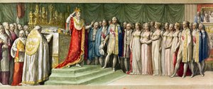 Napoleão Bonaparte (1769-1821) Coroando-se com a Coroa de Ferro dos lombardos em Milão, 1805 (gravura colorida) de French School