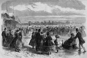 Napoleão III (1808-1873) e a Imperatriz Eugenie de Montijo (1826-1920) no clube de patinadores do Bois de Boulogne, em Paris. Gravura em "Le Monde Illustre" n°511 de 26 de janeiro de 1867. de French School