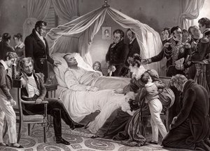 Napoleão I em seu leito de morte em Santa Helena, 5 de maio de 1821, após uma pintura de Charles de Steuben de French School