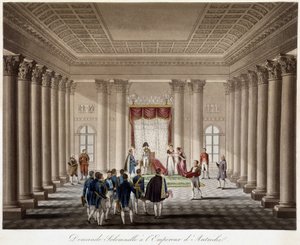 Napoleão pede Marie Louise em casamento com o Imperador da Áustria - em "História Histórica da Guerra entre a França e a Áustria em 1809". de French School