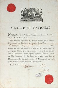 Certificado Nacional de Bom Comportamento durante a Revolução Francesa, 8 de agosto de 1789 em Paris de French School