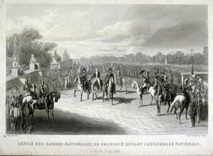 Os soldados da Guarda Nacional protegem a Assembleia Nacional em Paris. Gravura durante a Revolução Francesa de 1848 (gravura) de French School