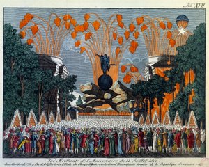 Festa nacional de 14 de julho de 1801 nos Campos Elíseos, Paris: O fogo de artifício toma o lugar da estrela nos Campos Elíseos, em Paris. Impressão de 1801, Paris, Museu Carnavalet de French School