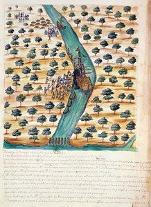 Nativos atacando navios franceses no rio Tavoy, a partir de um relato dos jesuítas no Sião, 1688 (wc no papel) de French School