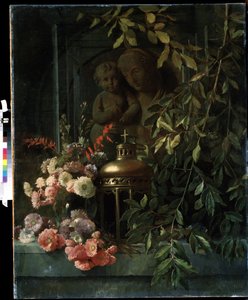 "Natureza morta" (Virgem e criança, lanterna, flores (incluindo cravo), pintura da escola francesa do século XIX. Mikhail Kroshitsky Art Museum, Sevastopol (Sebastopol) Ucrânia de French School
