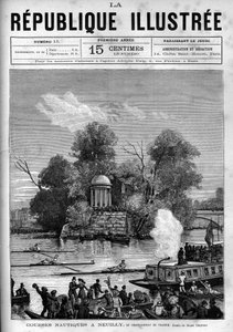 Corridas náuticas: campeonato francês de remo organizado no Sena de frente para a Ile de la Grande Jatte, em Neuilly. Um jornal. Gravura de 1880 na colecção privada "La republique illustree". de French School