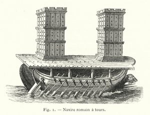 Navio romano com torres (gravura) de French School