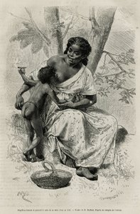 Negillon fumando e levando o peito de sua mãe, na região de Darien (leste do Panamá), gravando após um desenho de D.Maillart, para ilustrar a história Exploration at the isthms of Panama and Darien, de A. Reclus, tenente de navio, de 1876 a 1878 de French School