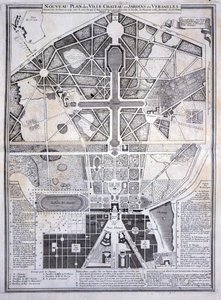 Novo plano da cidade, castelo e jardins em Versalhes, 1714, dos planos, perfis e elevações das cidades e Chateau de Versailles, publicado c.1715 de French School