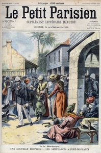Nova erupção vulcânica do vulcão Montagne Pelee na Martinica: ambulâncias em Fort de France (Fort-de-France). Gravura no "Le Petit Parisien" (O Petit Parisien) de French School