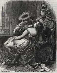 Belo pescoço! Que um carrasco ficaria feliz em cortá-lo! Rei Henrique VIII de Inglaterra (1491-1547) com sua esposa, Catherine Parr (1512-1548). Gravura de 1871 em "Histoire Des Cocus Celebres" de Henrique de Kock (1819-1892). de French School