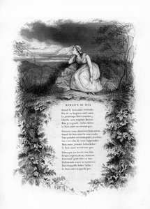 O romance da Nina. Uma mulher solitária com um vestido de noiva na beira de uma estrada rural. Gravura em "Chants et chansons populaire de la France", Tomo 2 de French School