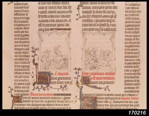 Noé na vinha e embriaguez de Noé, da Bíblia de Jean Sy, c.1355 de French School