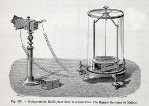 Galvanômetro Nobili colocado no circuito de uma bateria termoelétrica de Melloni - em "Física Popular" por Emile desbeaux de French School