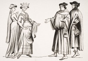 Noble Lady e Maid of Honor e Two Burgesses, depois de uma miniatura em &39;Maravilhas do Mundo&39;, de &39;A Idade Média e o Renascimento&39; de Paul Lacroix (1806-84) publicaram 1847 de French School