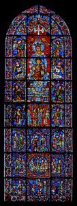 Notre Dame de la Belle Verriere; abaixo estão cenas do casamento de Caná e a tentação de Cristo no deserto (w30a) de French School