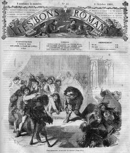 Série de romances: "Notre Dame de Paris" de Victor Hugo (1802-1885). As multidões assustadas e rindo diante de Quasimodo, os sinos tocam. Gravação em "Les bons romances". de French School