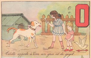 Odette traz para Tom um grande osso da perna, por volta de 1920 (gravura) de French School