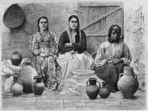 Comerciantes de petróleo em Jerusalém, da Síria hoje. Viajar para a Fenícia, o Líbano e a Judéia. 1875-1880 de Louis Charles Emile Lortet, 1884 (gravura do bw) de French School