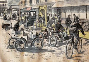 Em 5 de outubro de 1899, o subsecretário de Estado dos Correios Leon Mougeot (1857-1928) presidiu os primeiros testes de bicicletas e automóveis diversos, para o levantamento do correio, na estação central dos correios do XII arrondissement de Paris. Gravu de French School