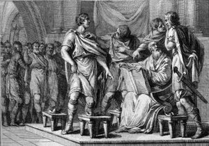 Na morte de Clotaire (Clothaire) 1st, Rei dos Francos, seus quatro filhos receberam parte do reino cada um. Seus nomes são Caribert 1er ou Charibert (ca. 520-567), Gontran 1er (ca. 545-592), Sigebert I (535-575) e Chilperic I (ca. 539-584). Gravação de French School