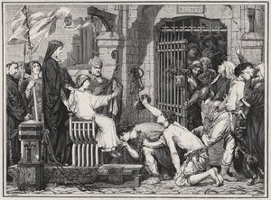 Por ocasião do seu futuro (1227), o jovem Luís IX fez delírio aos prisioneiros - gravada em "Les Hommes Celebres de la France" de Louis Dumas 1889 de French School