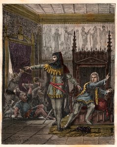 Cem anos de guerra: "O golfinho Charles (então Charles V) (1338-1380) (o primeiro golfinho da França) e Etienne Marcel (1302/1310-1358) que assassinaram dois ministros (marechaux) Robert de Clermont e Jean de Conflans na sala do golfinho francês em de French School