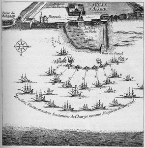 Ordem dos navios franceses para o ataque a Argel em 1683. Gravação em "La Marine et les colonies: commerce". de French School
