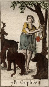 Orfeu encanta os animais selvagens jogando sua lira de "Mythologie de la jeunesse", de Pierre Blanchard 1803. de French School