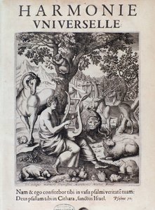 Orfeu a tocar para animais. Frontispício da Harmonie universelle de Marin Mersenne de French School