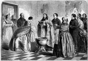 Rito ortodoxo - batismo: cerimônia de batismo, segundo o rito grego, na alta sociedade russa, em 1858. A criança está presente ao Papa por sua madrinha antes de ser imersa no batistério. Gravura no "Le Monde Illustré" n°81 de 30 de Outubro de French School