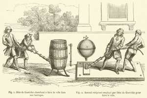 Otto de Guericke tentando esvaziar um barril, Segundo recipiente usado por Otto de Guericke para esvaziar (gravura) de French School