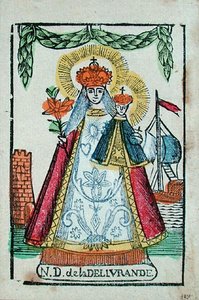 Nossa Senhora de Delivrande, lembrança de pilgramação, c.1820-30 (impressão a cores de bloco de madeira) de French School