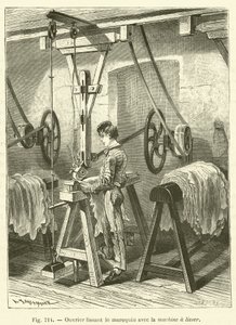 Trabalhador alisando o couro com a máquina de gravação de French School