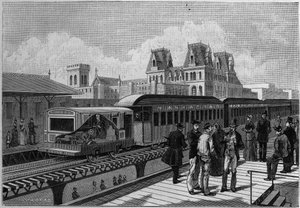 Visão geral da estação ferroviária Elevated Railroad e do trem elétrico em Nova York, EUA. Gravura em "La Nature. Revue des sciences et de ses applications aux arts et a l