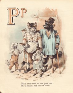P: Filhote de cachorro, pobreza Pobre família! Ai de mim! Nesta estrada principal ela se torna uma mendiga; mas ninguém a escuta. de French School