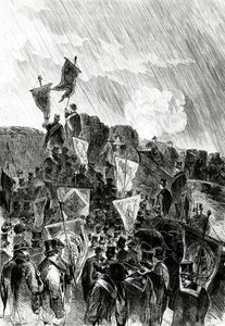 Manifestação Pacifista sobre as fortificações dos maçons em 28 de abril de 1870 para exigir a cessação do bombardeio de Paris, do Le Monde Illustré, 5 de maio de 1870 de French School