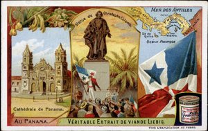 Panamá: a catedral, a estátua de Colombo, a bandeira - chromo. de French School