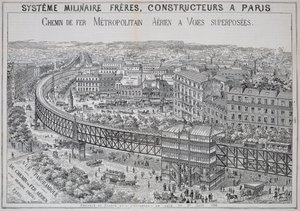 Vista panorâmica do metrô Overground em Paris, ilustração do Le Metropolitain, maio de 1885 de French School