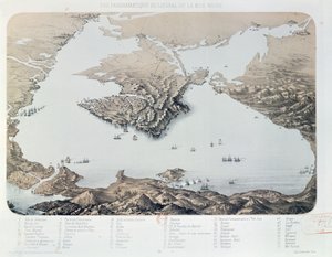 Vista panorâmica e plano de Sevastopol e da costa do Mar Negro na época da Guerra da Criméia, 1855 de French School
