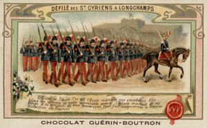 Desfile de cadetes da Escola Militar de Saint-Cyr em Longchamps, França (chromolitho) de French School