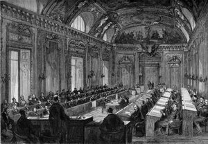 Paris, 4 de Agosto de 1871: primeira reunião do conselho municipal na Sala do Trono do Palácio do Luxemburgo. Gravura no "Le Monde Illustré" n°748 de 12 de Agosto de 1871. de French School