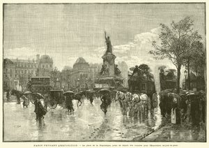 Paris durante a Exposição, a Place de la Republique, o ponto de partida dos carros para a Exposição, num dia de chuva (gravura) de French School
