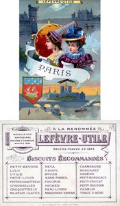 Paris, frente e verso de um cartão promocional para biscoitos Lefèvre-Utile (LU), final do século XIX de French School